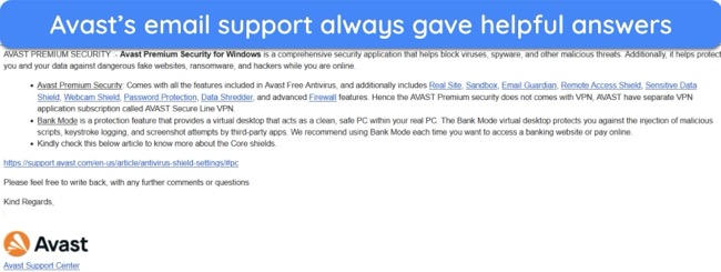 Screenshot of a response from Avast's email support
