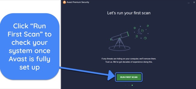 Screenshot showing how to start a scan after installing Avast