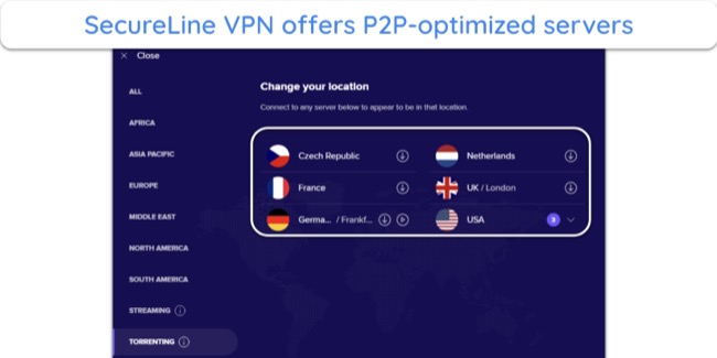 SecureLine VPN has many P2P-optimized servers