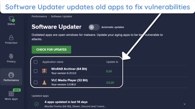 Screenshot of Avast's Software Updater listing outdated apps