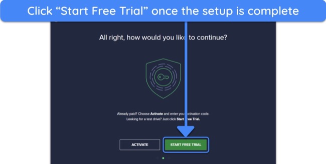 Screenshot showing how to begin Avast's free trial on Windows