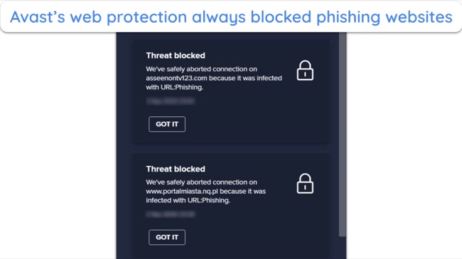 Screenshot of Avast blocking phishing websites