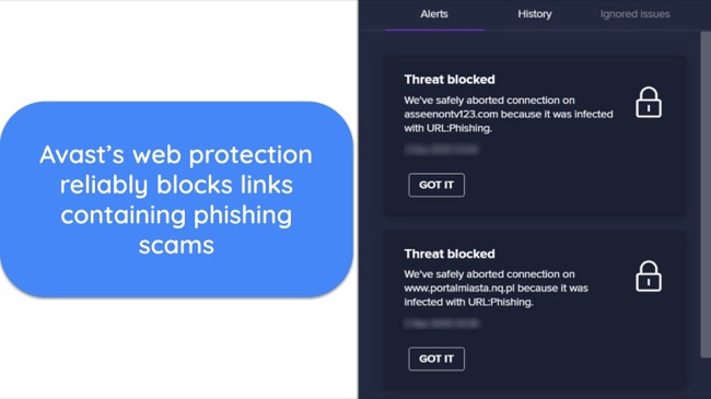 Screenshot of Avast blocking phishing websites