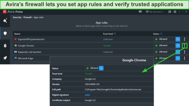 Screenshot of Avira firewall app rules