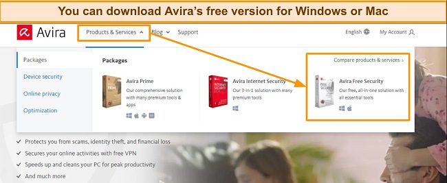 Screenshot of Avira's download page