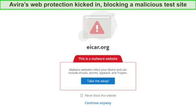 Avira blocked malicious sites during my tests
