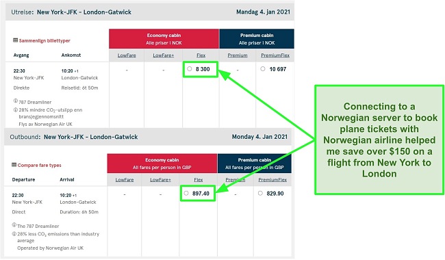 Price comparison of New York-London flights showing differences while connected to servers in Norway and the UK
