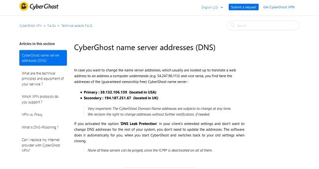 Screenshot of CyberGhost's DNS server web page.