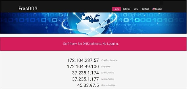 Screenshot of FreeDNS web page.
