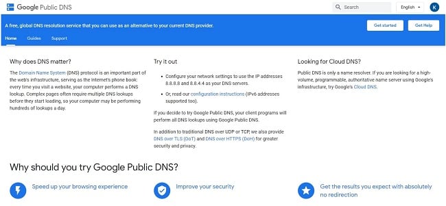 Screenshot of Google Public DNS web page.