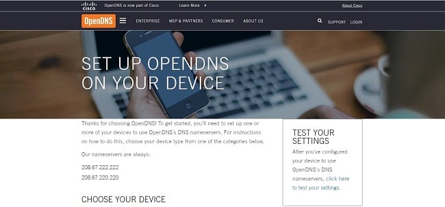 Screenshot of OpenDNS web page.