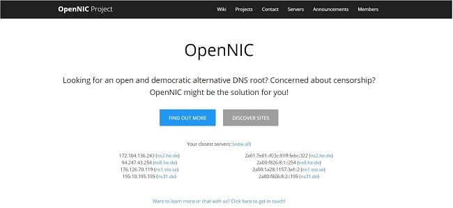 Screenshot of OpenNIC's DNS web page.