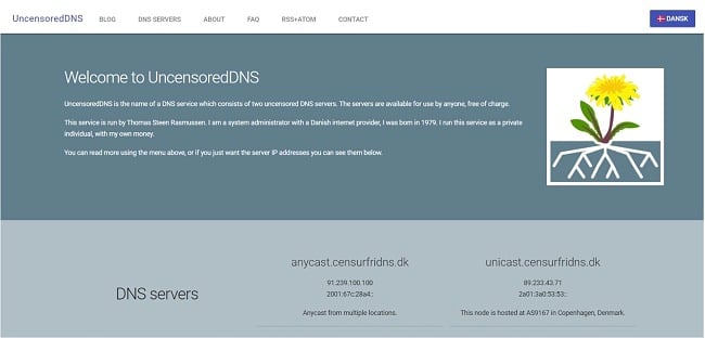 Screenshot of UncensoredDNS web page.