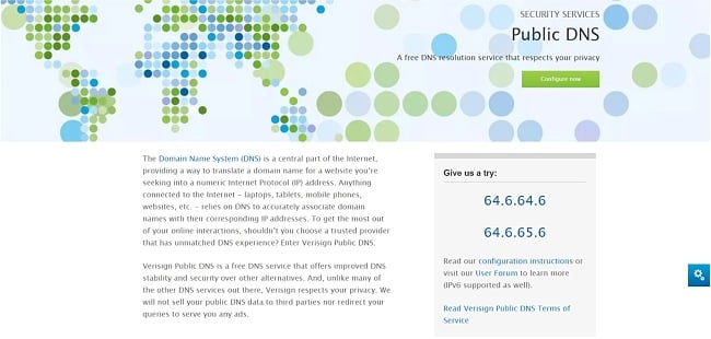 Screenshot of Verisign Public DNS web page.