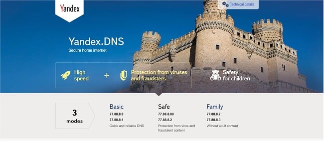 Screenshot of Yandex.DNS web page.