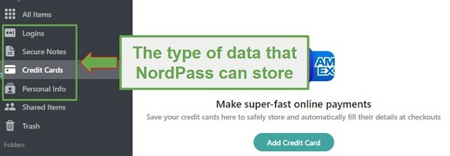 Screenshot of the type of data NordPass can store