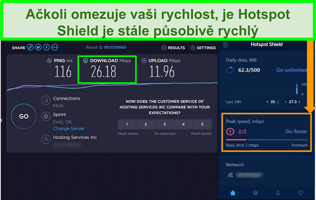 Screenshot výsledků testu rychlosti při připojení k rozhraní Hotspot Shield