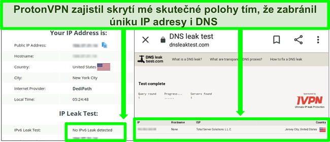 Screenshot testu úniku DNS a IP adresy, který ukazuje, že při připojení k Proton VPN nedochází k úniku IP adresy