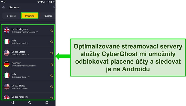 Snímek obrazovky nabídky streamovacího serveru CyberGhost na Androidu