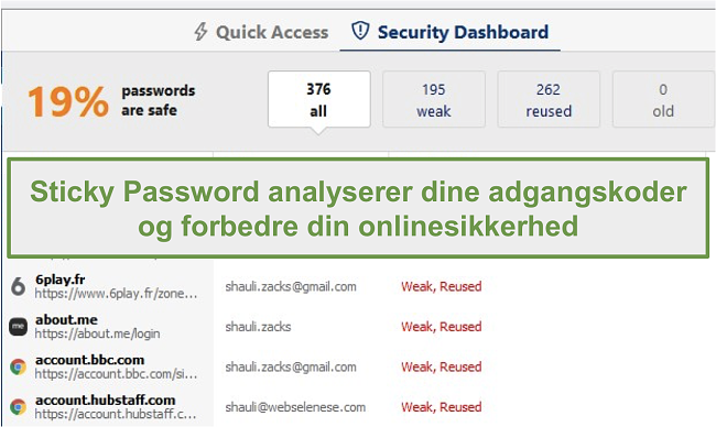 Sticky Passwords sikkerhedsdashboard