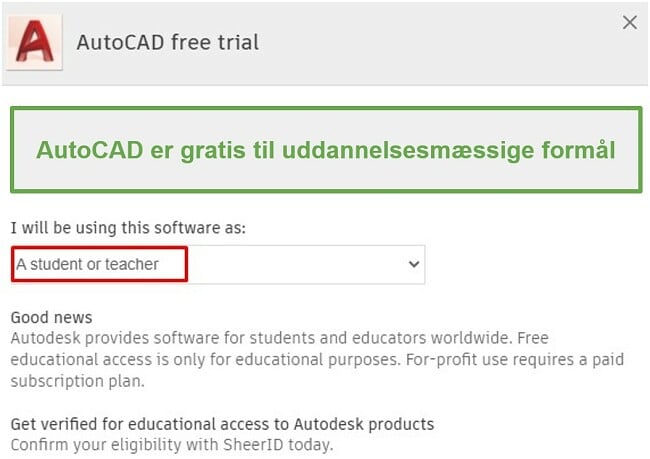 AutoCAD er gratis til uddannelsesmæssige formål