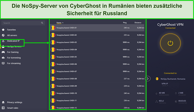 Screenshot der Liste der NoSpy-Server von CyberGhost in Rum&auml;nien