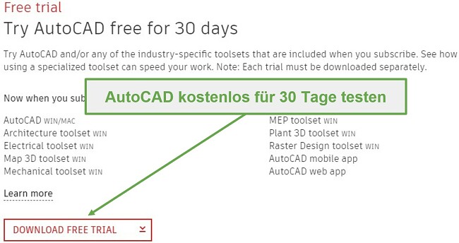 AutoCAD bietet eine 30-tägige kostenlose Testversion für Geschäftsleute