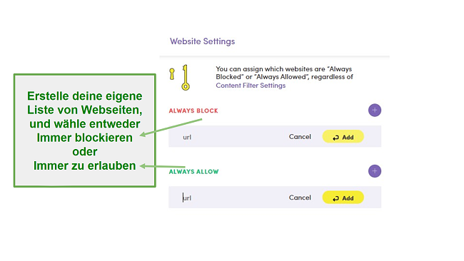 Net Nanny Website-Einstellungen