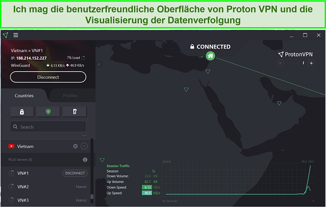 Screenshot der Benutzeroberfläche von ProtonVPN