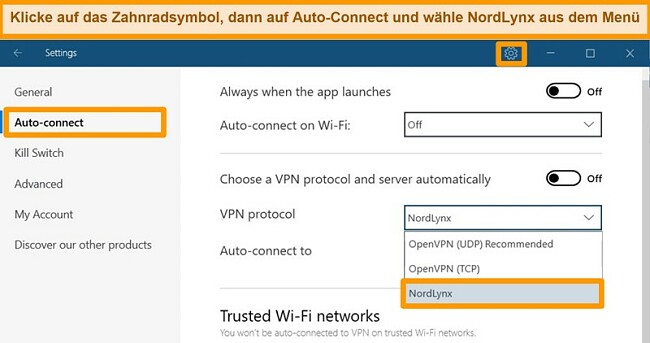 Screenshot der NordVPN-App- und VPN-Einstellungen unter Windows