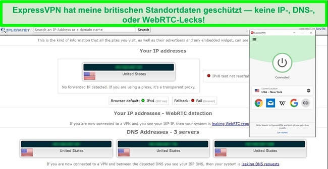 Screenshot des ExpressVPN-Lecktests von IPLeak.net mit null Datenlecks.