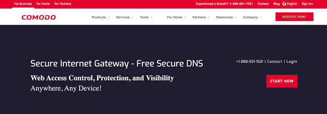 Captura de tela da página inicial do Comodo Secure free public DNS