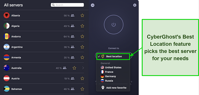 Screenshot showing CyberGhost's best location feature within its country dropdown menu