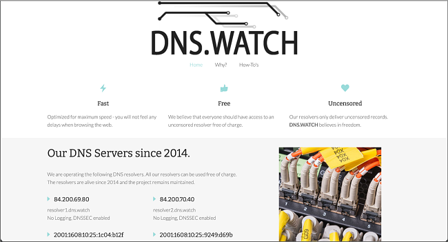 Captura de tela da página inicial do DNS.Watch free public DNS