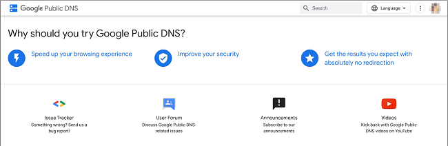 Screenshot of Google public DNS landing page