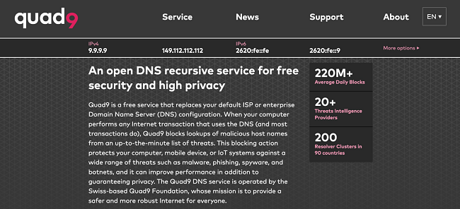 Screenshot of Quad9 free public DNS landing page