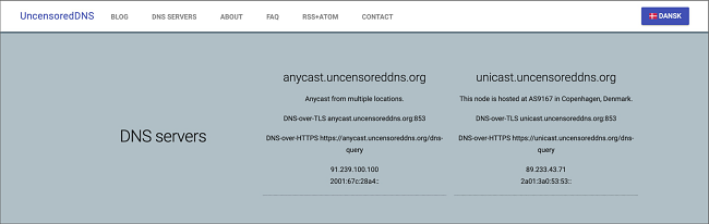 Captura de tela da página inicial do UncensoredDNS free public DNS