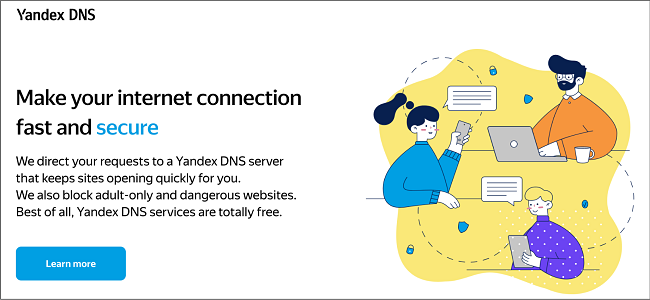 Captura de tela da página inicial do Yandex free public DNS