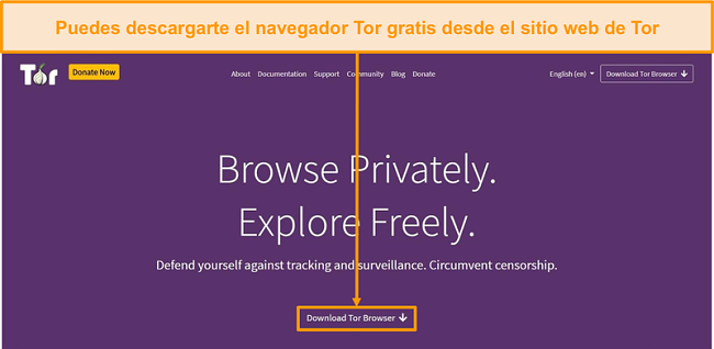 Captura de pantalla del sitio web oficial de Tor