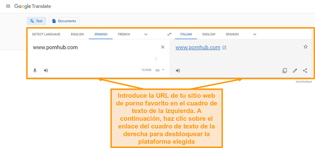 Captura de pantalla para desbloquear un sitio pornográfico con Google Translate