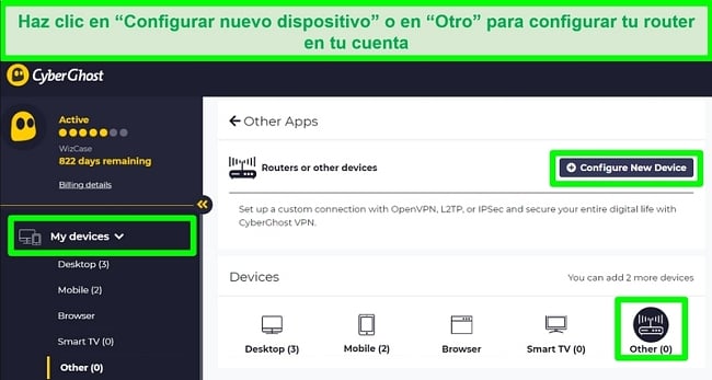 captura de pantalla de las opciones de configuración del enrutador CyberGhost en la configuración de la cuenta.