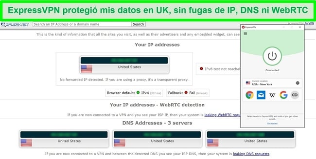 Captura de pantalla de la prueba de fugas de ExpressVPN de IPLeak.net que muestra cero fugas de datos.