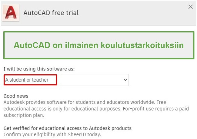 AutoCAD on ilmainen koulutustarkoituksiin