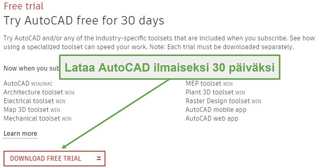 AutoCAD tarjoaa 30 päivän ilmaisen kokeilun liike-elämän ammattilaisille