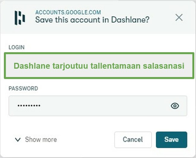Dashlane kysyy, haluatko tallentaa käyttäjänimet ja salasanat