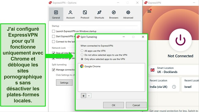 Capture d'écran de l'application Windows d'ExpressVPN, mettant en évidence sa fonctionnalité de tunneling fractionné lorsqu'elle est configurée avec Google Chrome