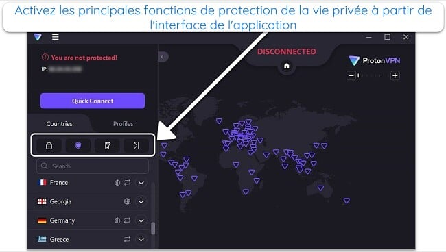 Image de l'application Windows de Proton VPN, mettant en évidence certaines fonctionnalités de confidentialité sur l'interface principale