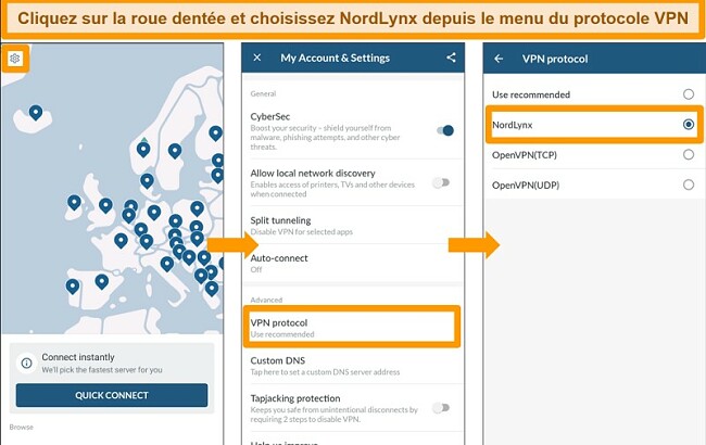 Capture d'écran de l'application NordVPN et des paramètres du protocole VPN sur Android