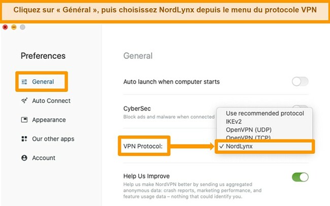 Capture d'écran de l'application NordVPN et des paramètres du protocole VPN sur MacOS