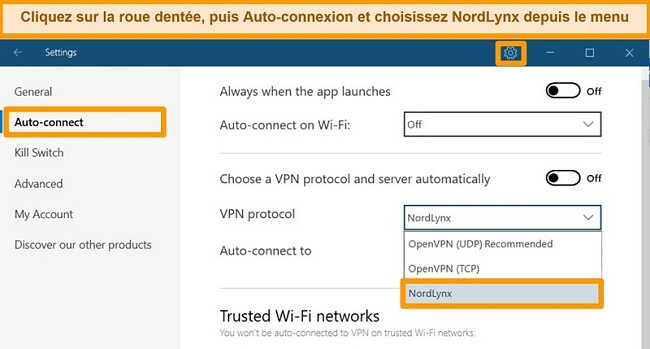 Capture d'écran de l'application NordVPN et des paramètres VPN sous Windows